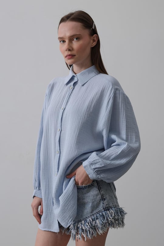Uzun Kol Oversize Gömlek - Bebe Mavisi