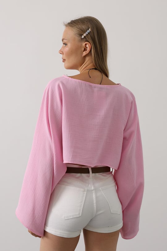 YARASA KOLLU CROP BLUZ - Pembe