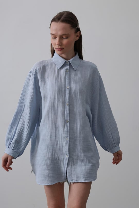 Uzun Kol Oversize Gömlek - Bebe Mavisi
