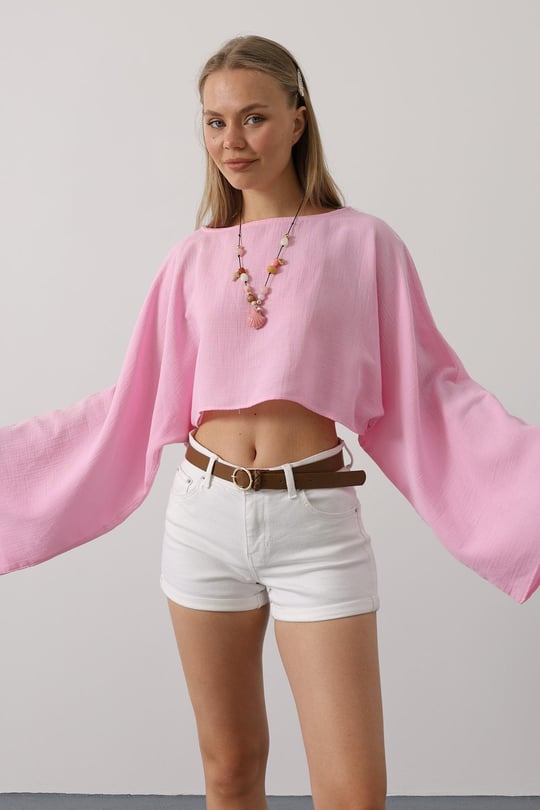 YARASA KOLLU CROP BLUZ - Pembe